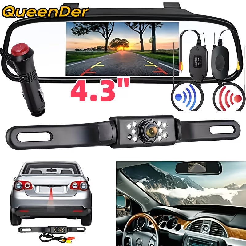 Kit Cámara de Reversa Inalámbrica con Espejo Retrovisor 4.3" Visión Nocturna HD