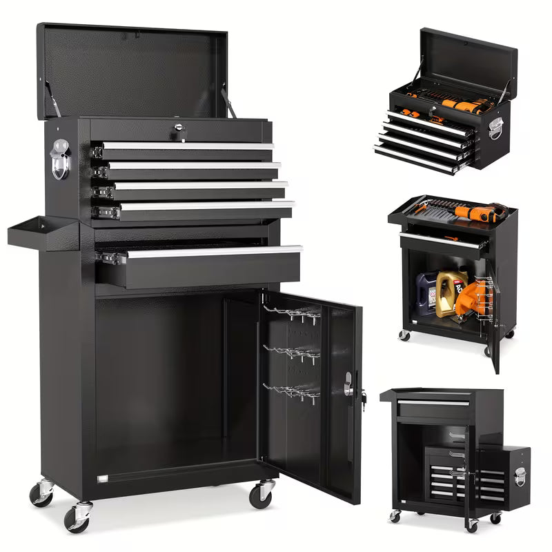 Caja de Herramientas Rodante 2 en 1 – 5 u 8 Cajones | Negro, Morado, Rosa