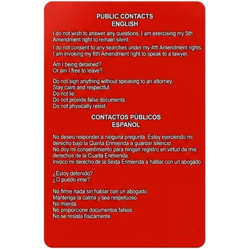 Red Card – Tarjeta Conoce Tus Derechos Constitucionales (Inglés/Español)