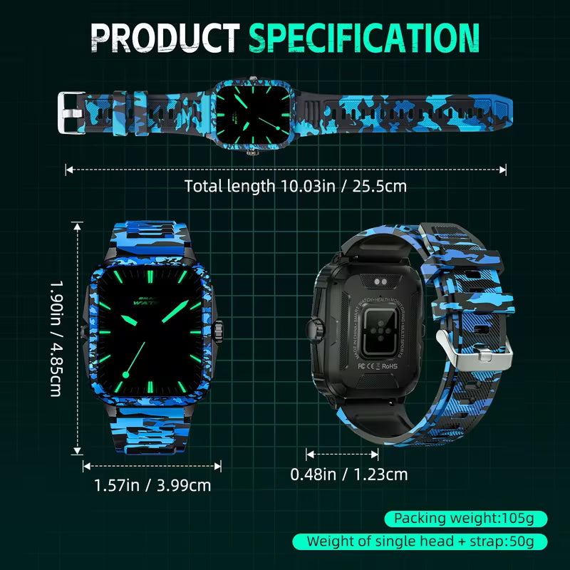 INEYES Smartwatch Deportivo – Pantalla HD, Larga Duración | Negro / Gris Militar