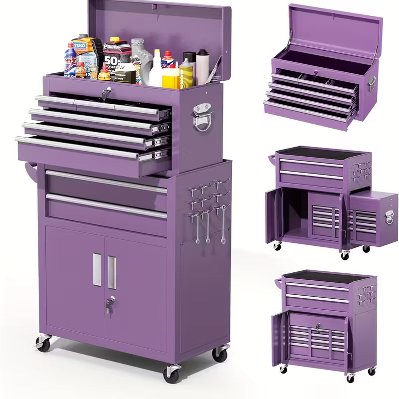 Caja de Herramientas Rodante 2 en 1 – 5 u 8 Cajones | Negro, Morado, Rosa