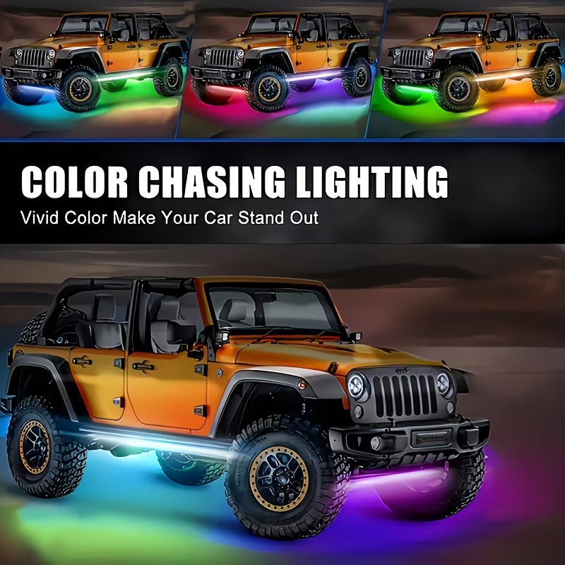 Kit Tira de Luces LED RGB Multicolor 4 en 1 Chasis Auto 90x120 cm Control APP y Remoto