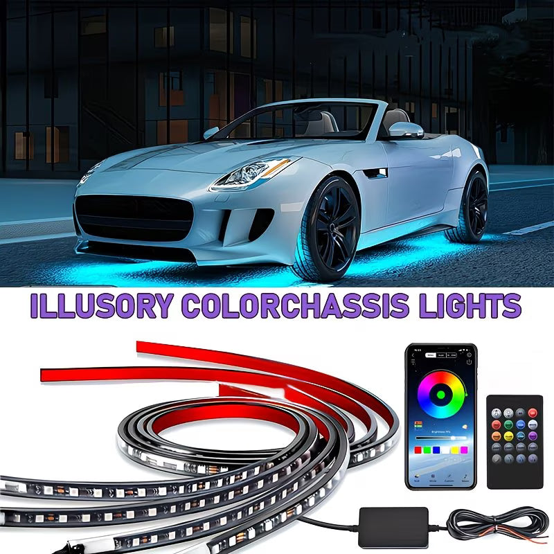 Kit Tira de Luces LED RGB Multicolor 4 en 1 Chasis Auto 90x120 cm Control APP y Remoto