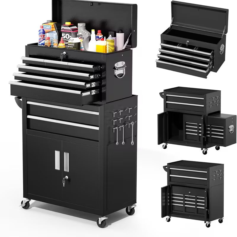 Caja de Herramientas Rodante 2 en 1 – 5 u 8 Cajones | Negro, Morado, Rosa