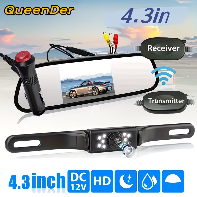 Kit Cámara de Reversa Inalámbrica con Espejo Retrovisor 4.3" Visión Nocturna HD