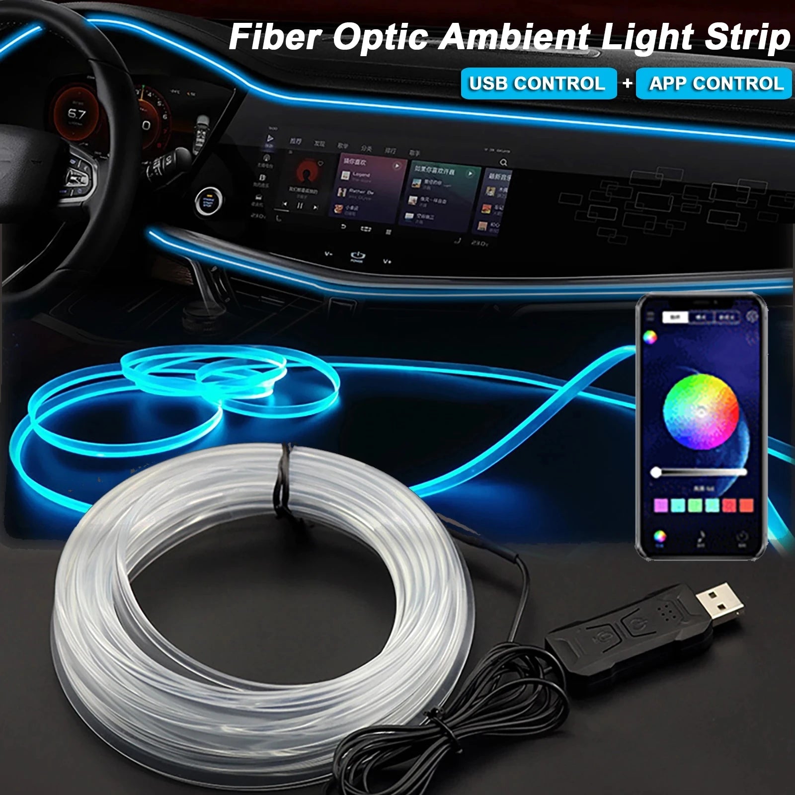 Tira LED RGB Fibra Óptica – Luz Ambiental USB APP
