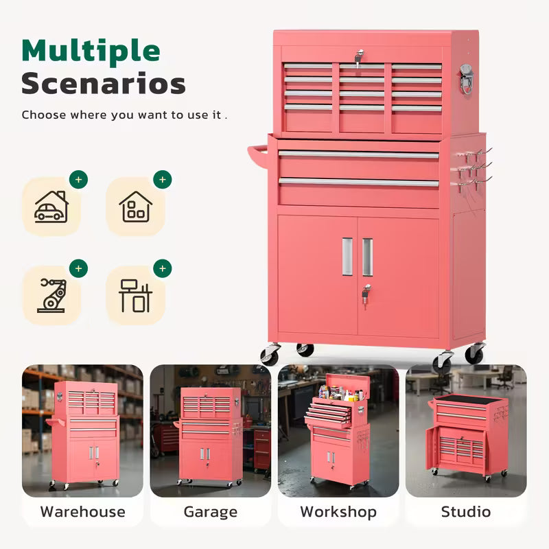 Caja de Herramientas Rodante 2 en 1 – 5 u 8 Cajones | Negro, Morado, Rosa