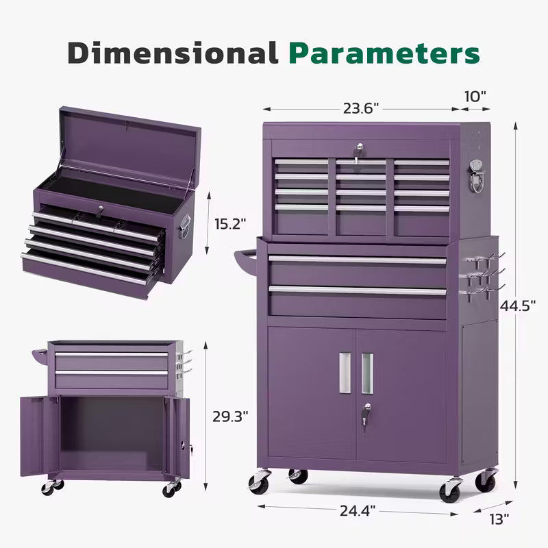 Caja de Herramientas Rodante 2 en 1 – 5 u 8 Cajones | Negro, Morado, Rosa