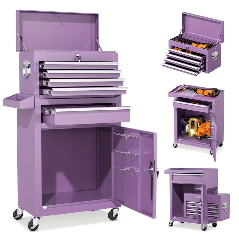 Caja de Herramientas Rodante 2 en 1 – 5 u 8 Cajones | Negro, Morado, Rosa
