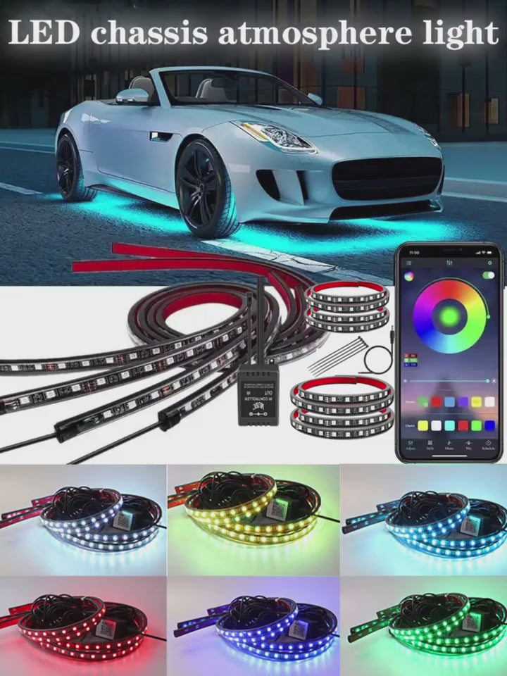 Kit Tira de Luces LED RGB Multicolor 4 en 1 Chasis Auto 90x120 cm Control APP y Remoto